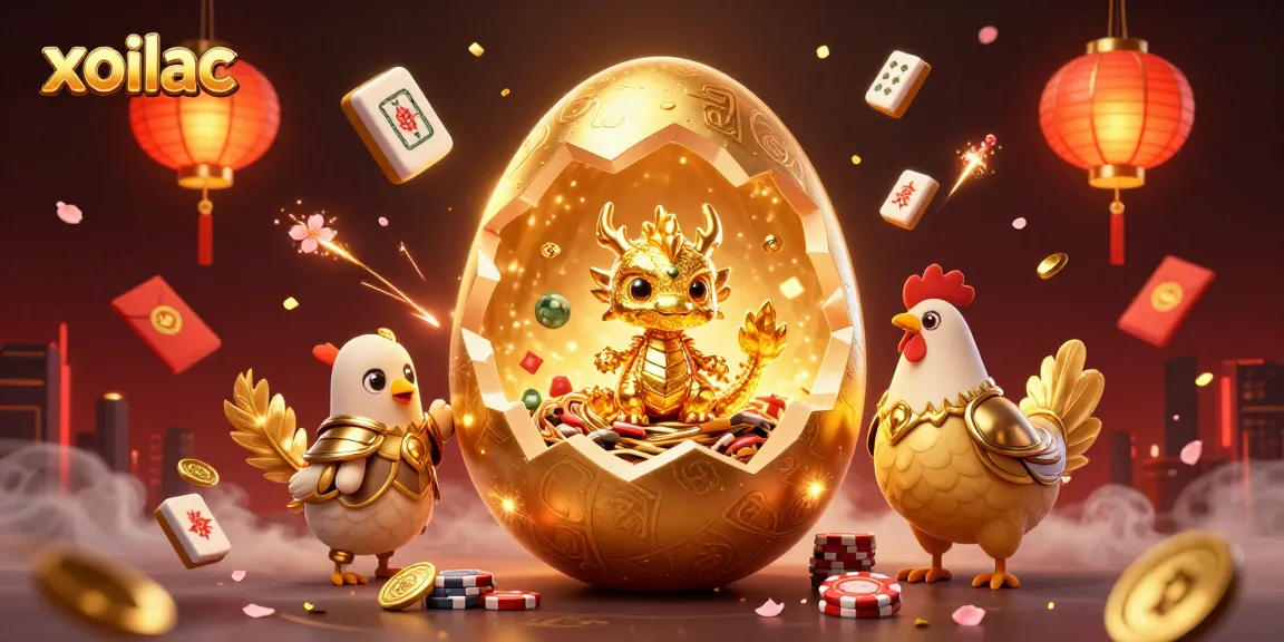 Xoilac showcases dynamic gambling excitement with a golden dragon and poker chips amidst festive elements.