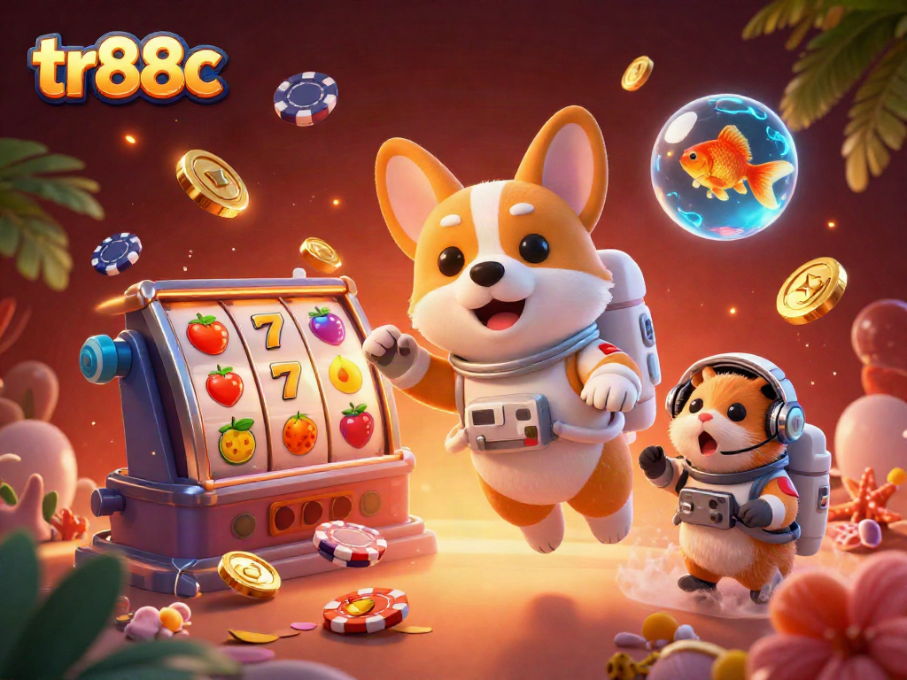 tr88c theme, lively space casino scene with floating chips and characters