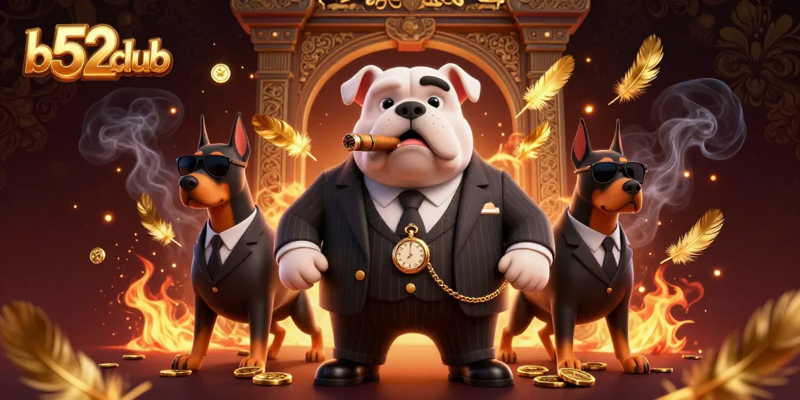Engage in thrilling gameplay at b52club with a colorful illustration of a mafia bulldog and bodyguard Dobermans.