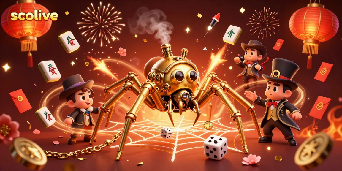 Socolive brings excitement with a dynamic scene of a steampunk spider creating a web of poker chips amidst festive gaming elements.