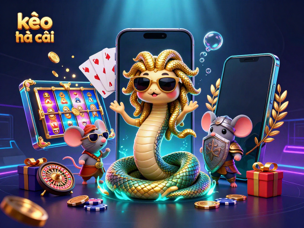 Engage with kèo nhà cái through a vibrant scene featuring Medusa, a warrior mouse, and slot game elements.