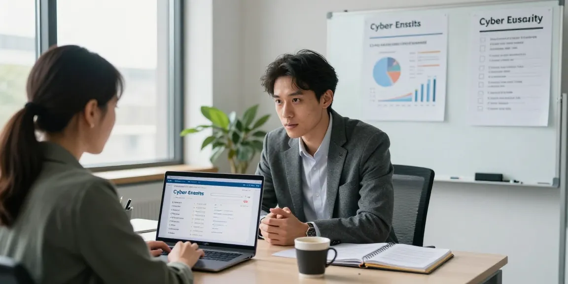 Business professionals discussing a cyber essentials quote during a certification meeting in a modern office.