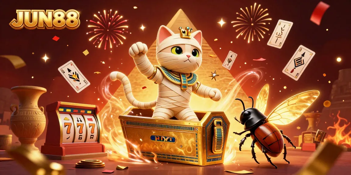 Experience thrilling gameplay with JUN88 featuring a mummy cat in a vibrant casino scene with dynamic slot elements.