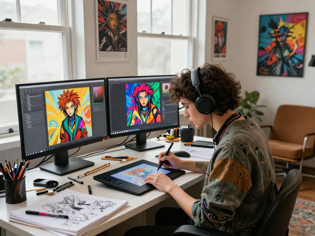 NSFW AI art creation in a vibrant digital studio with artist focused on graphics tablet.