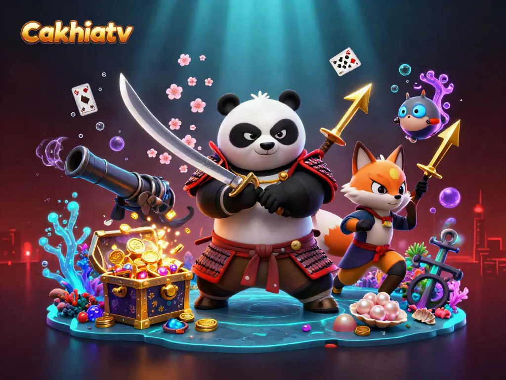 Cakhiatv showcases a vibrant scene with a fierce samurai panda, ninja fox, and magical spirit enhancing the gaming experience.