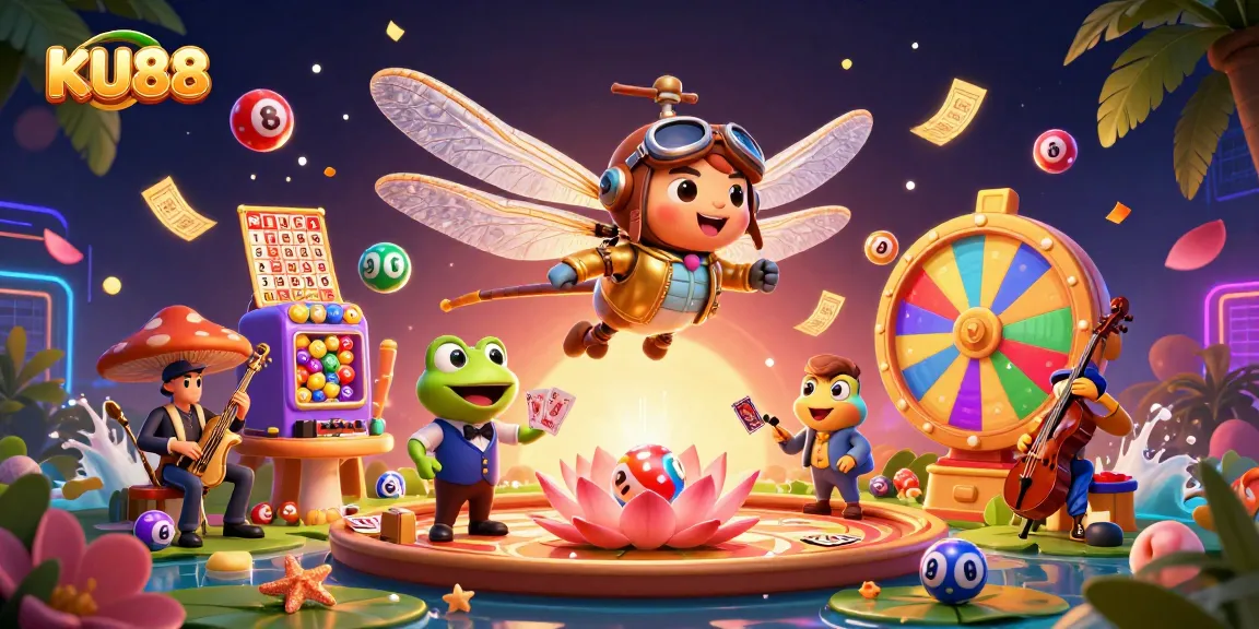 Join the excitement at KU88 with a vibrant 3D scene featuring a dragonfly pilot and frog dealer.