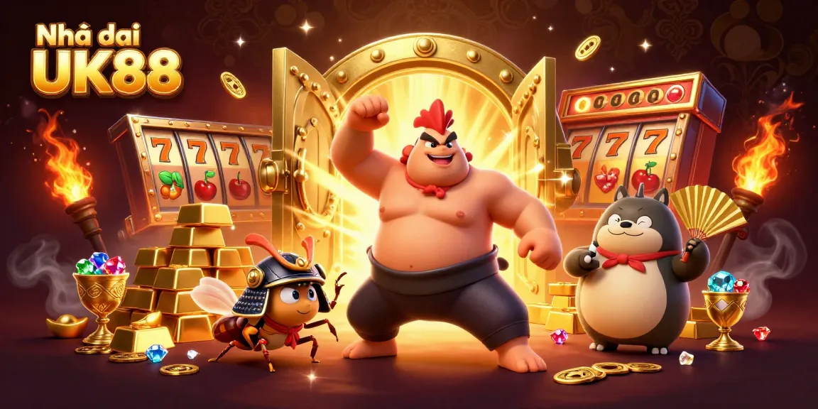 Engage with Nhà cái UK88’s vibrant 3D illustration showcasing epic casino elements and characters.
