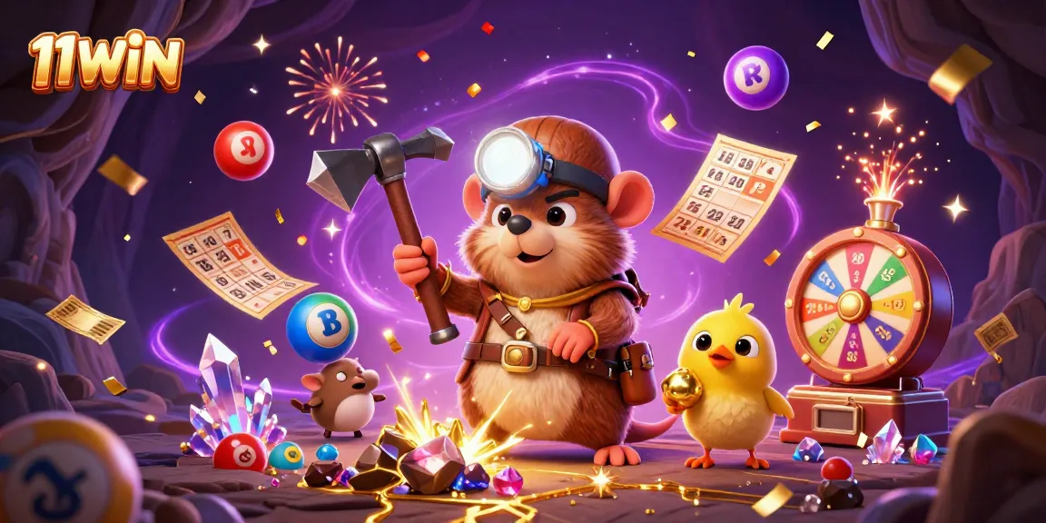 Join the excitement with 11WIN as you explore dynamic lottery elements in a dazzling casino scene.