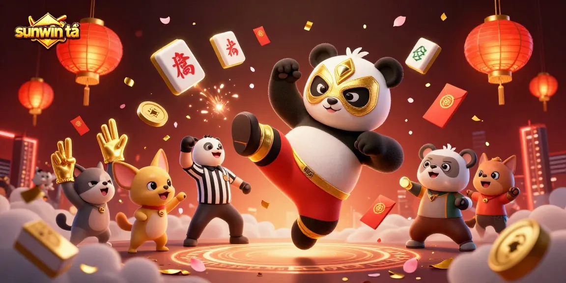 Engage with sunwin tải as a panda wrestler performs an exciting flying kick in a festive casino scene.
