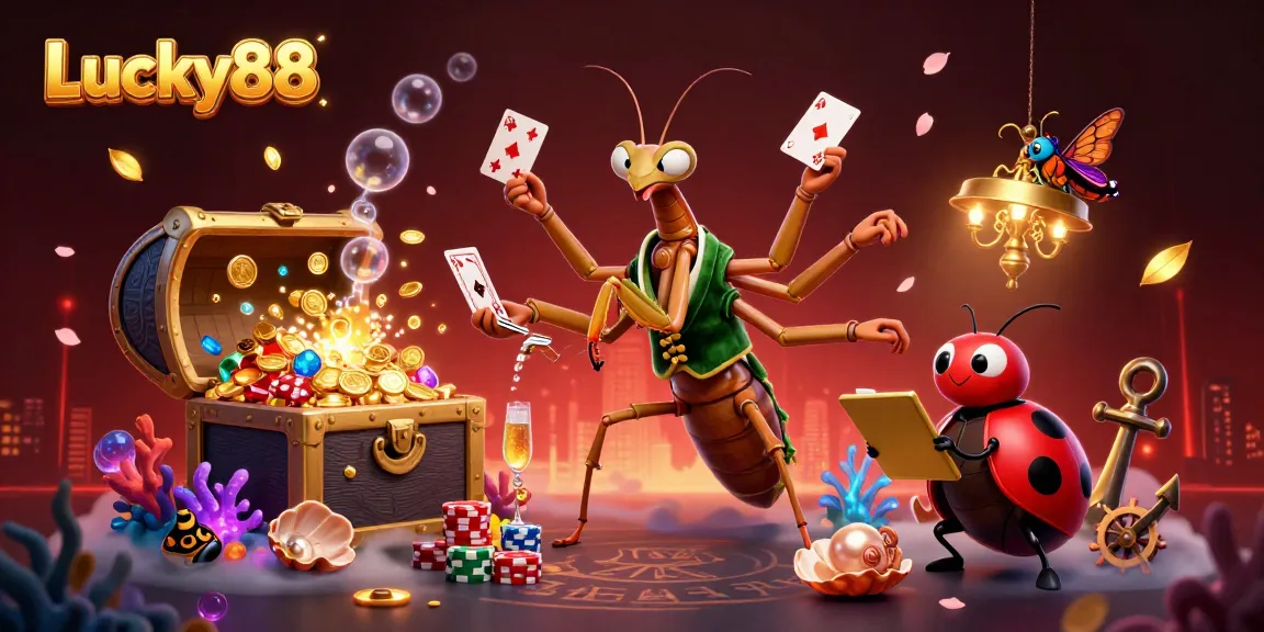 Experience the vibrant action at Lucky88 with a whimsical illustration of a card sharp and pit boss in a casino.