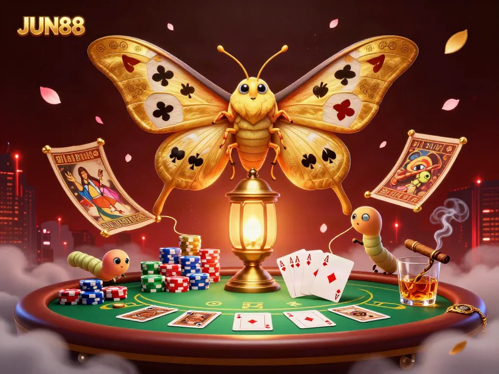 Engage with the vibrant JUN88 casino universe featuring a majestic golden-winged moth among poker elements.