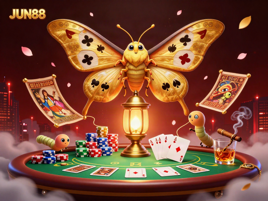 Engage with the vibrant JUN88 casino universe featuring a majestic golden-winged moth among poker elements.