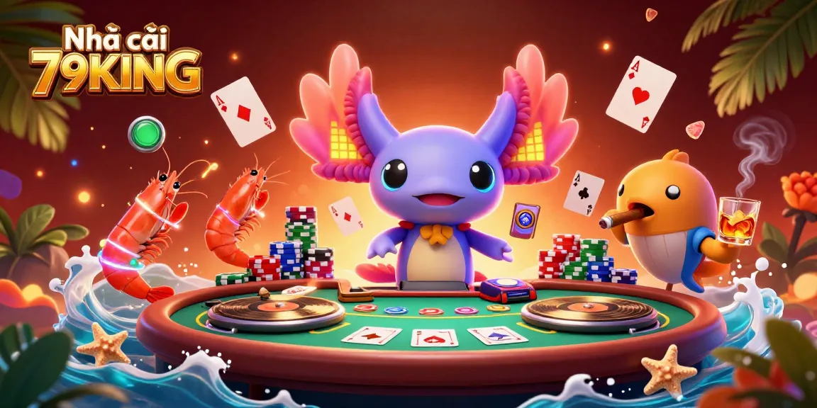 Experience dynamic gaming with Nhà cái 79KING, featuring a vibrant underwater DJ scene with poker tables and energetic sea creatures.