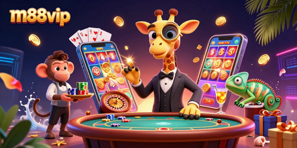 Experience exciting m88vip action with a VIP giraffe, monkey valet, and chameleon bartender in a dynamic casino scene.