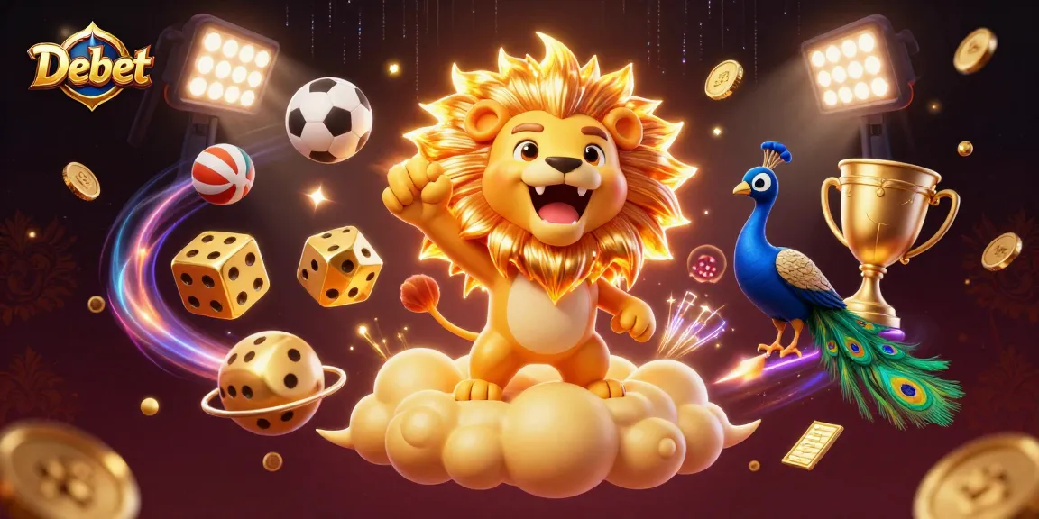 Bet on Debet's winning moments with a lively casino atmosphere showcasing sports balls and golden dice.