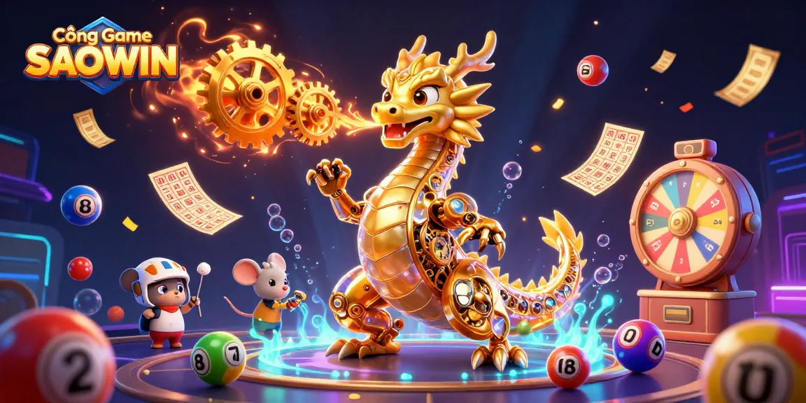 Experience dynamic gaming with Cổng Game SAOWIN featuring an enchanting golden dragon, vibrant lottery elements, and ultimate fun.