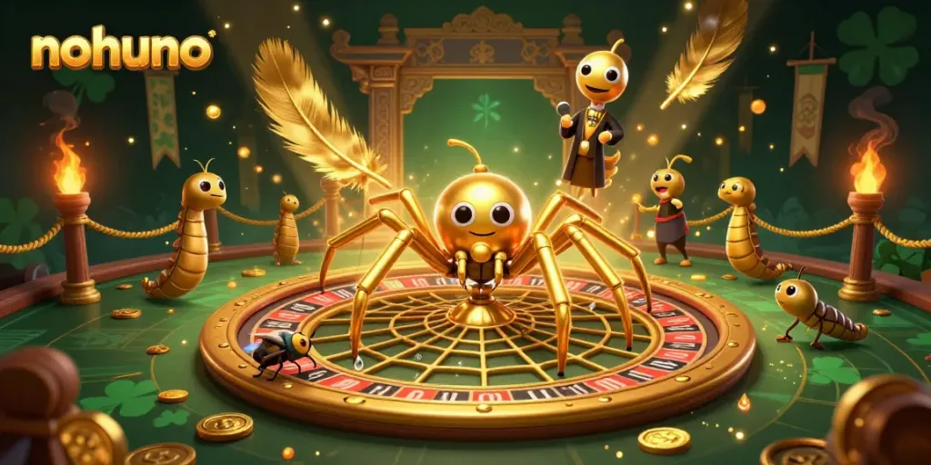 Engage in thrilling gameplay with nohuno, featuring a roulette wheel spun by a golden spider in an electrifying setting.