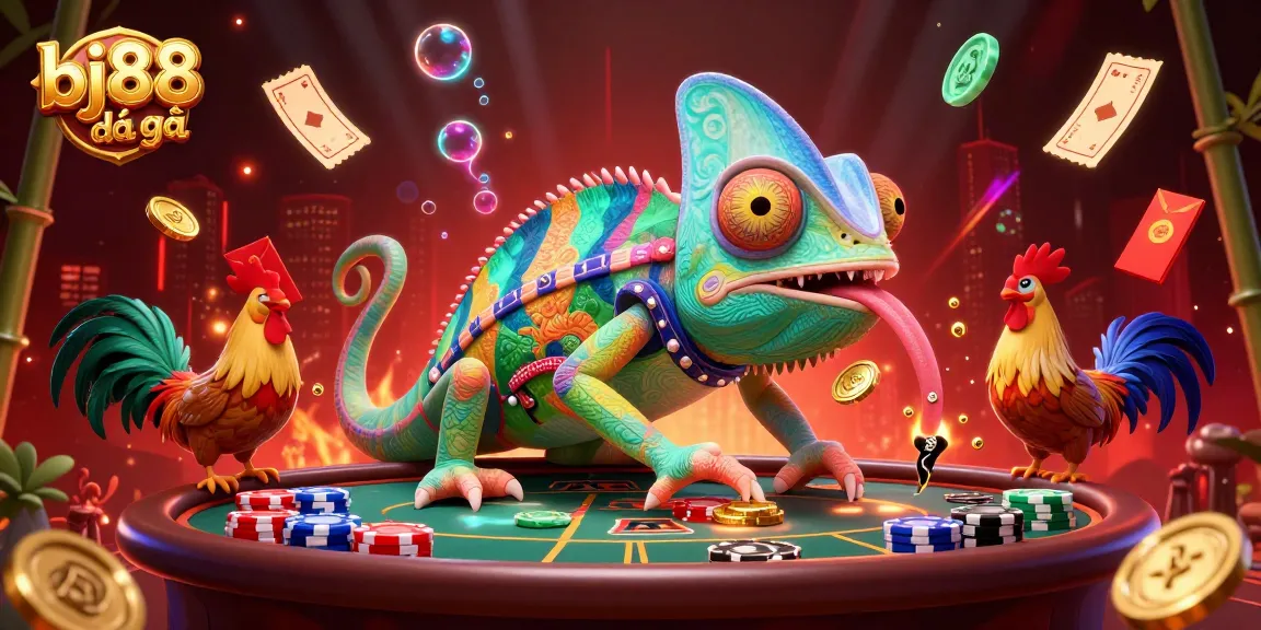 Engage in stunning bj88 đá gà action featuring vibrant chameleon casino characters amidst dynamic game elements and explosive atmosphere.