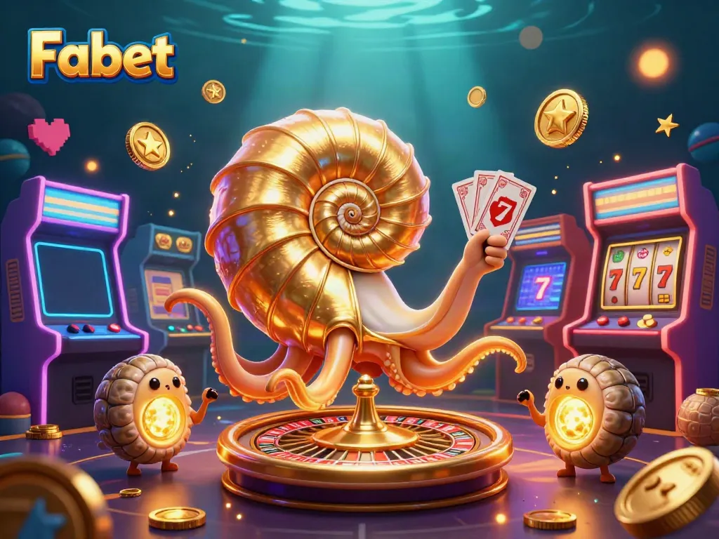 Experience excitement at Fabet with this vibrant 3D gambling scene packed with casino games and elements.