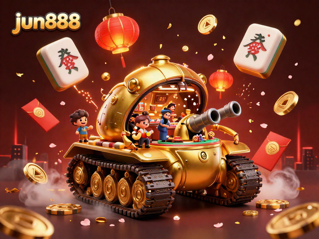 Experience jun888 with an ultra-detailed 3D casino scene featuring a golden beetle tank and vibrant game elements.
