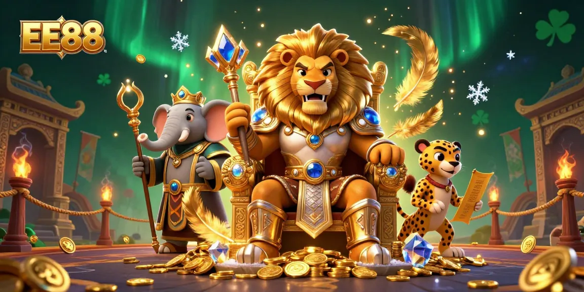 Experience the exciting world of EE88 with a lively 3D illustration showcasing a lion king and characters symbolizing luck and fortune in a vibrant casino setting.