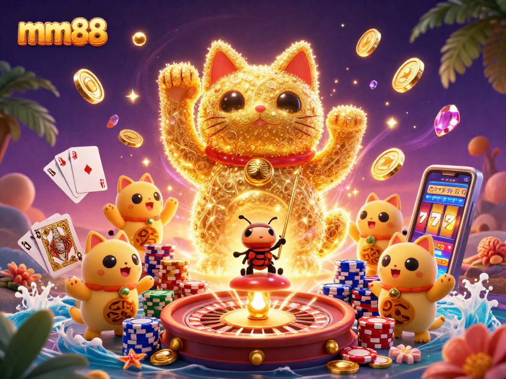 Experience thrilling gaming moments with mm88's vibrant casino scene featuring a lucky cat and exciting games.