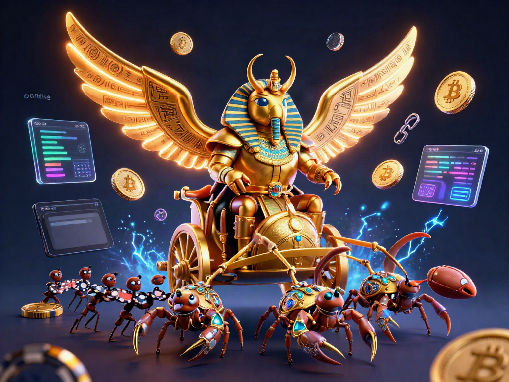 Engage with Socolive as a colossal golden scarab beetle leads a gambling adventure full of vibrant crypto elements.