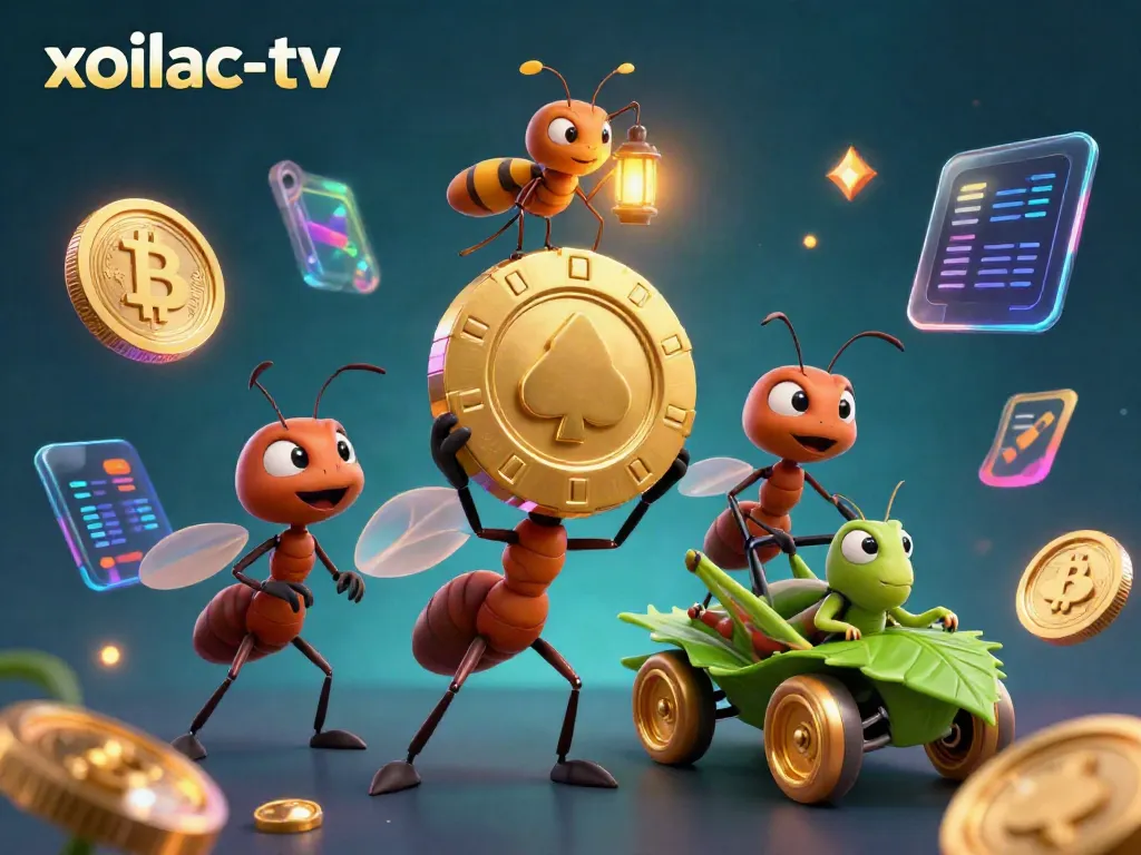 Experience thrilling heist action with the animated team of ants at xoilac-tv, surrounded by dynamic cryptocurrency elements.