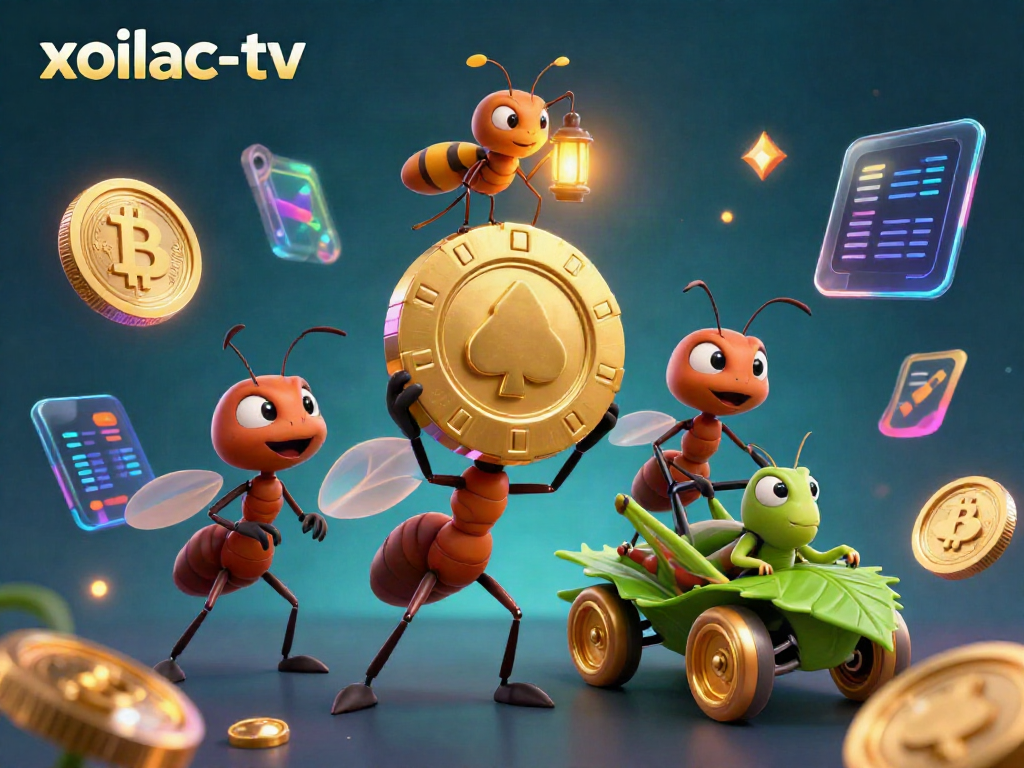 Experience thrilling heist action with the animated team of ants at xoilac-tv, surrounded by dynamic cryptocurrency elements.
