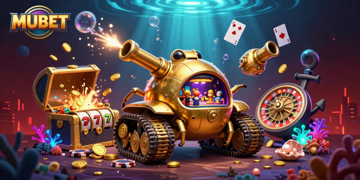 MUBET immersive casino scene featuring golden beetle tank, slot reels, and vibrant gems