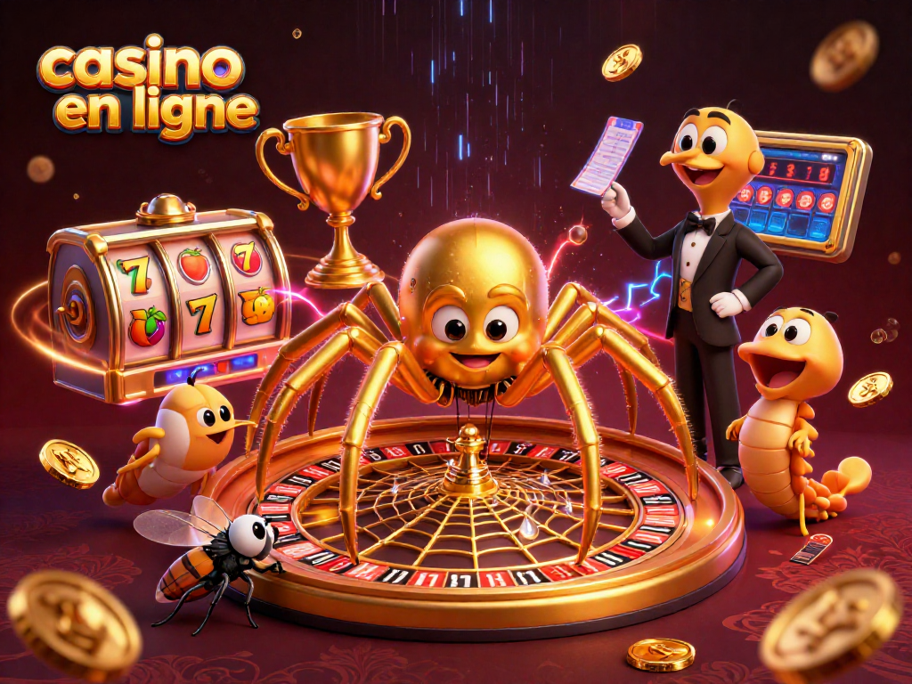 Jouez au casino en ligne avec des éléments dynamiques comme une araignée dorée et une ambiance immersive.