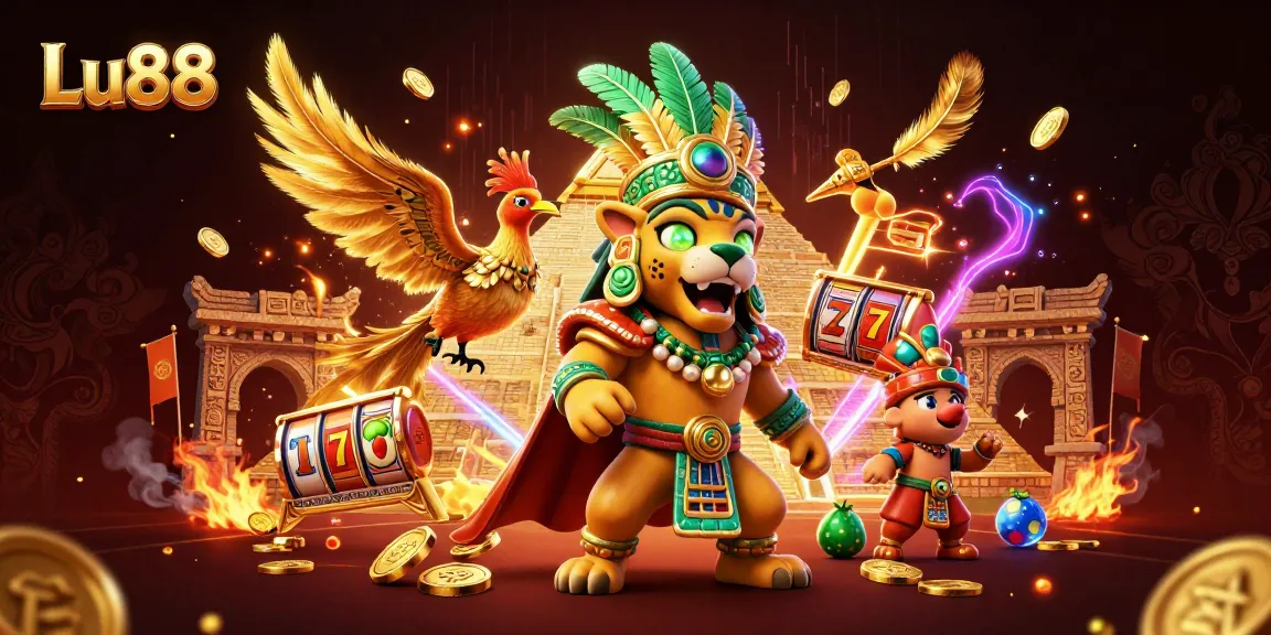 Experience thrilling action with Lu88, showcasing a Mayan jaguar priest amidst vibrant casino elements.