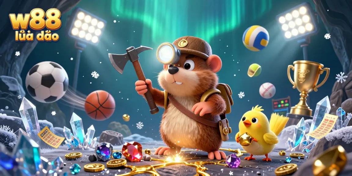 Engage with the exciting w88 lừa đảo scene featuring a treasure hunter mole and dynamic sports elements in a vibrant casino environment.