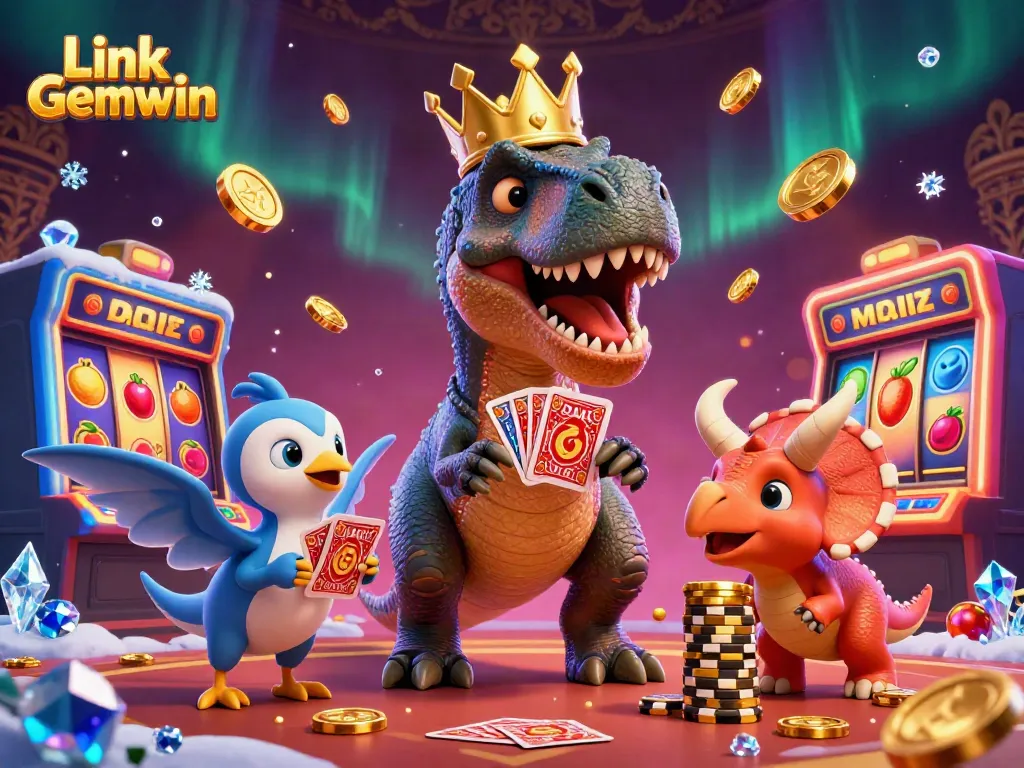 Experience thrilling wins at Link Gemwin with a playful T-Rex and friends at the casino.