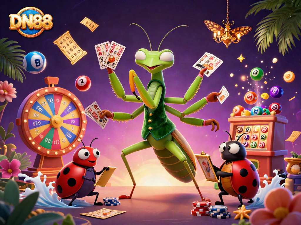 Join the excitement of DN88 with vibrant lottery visuals and festive casino characters.