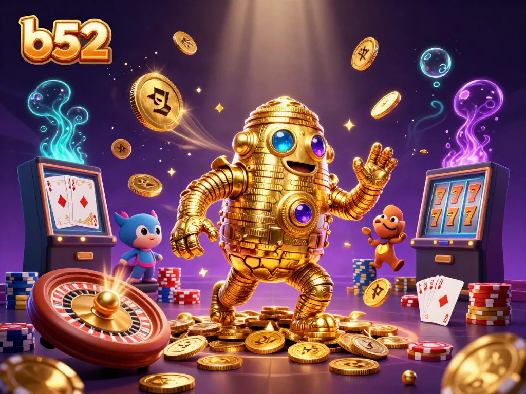 Experience the excitement of b52 with a golden golem amidst casino gems and coins.
