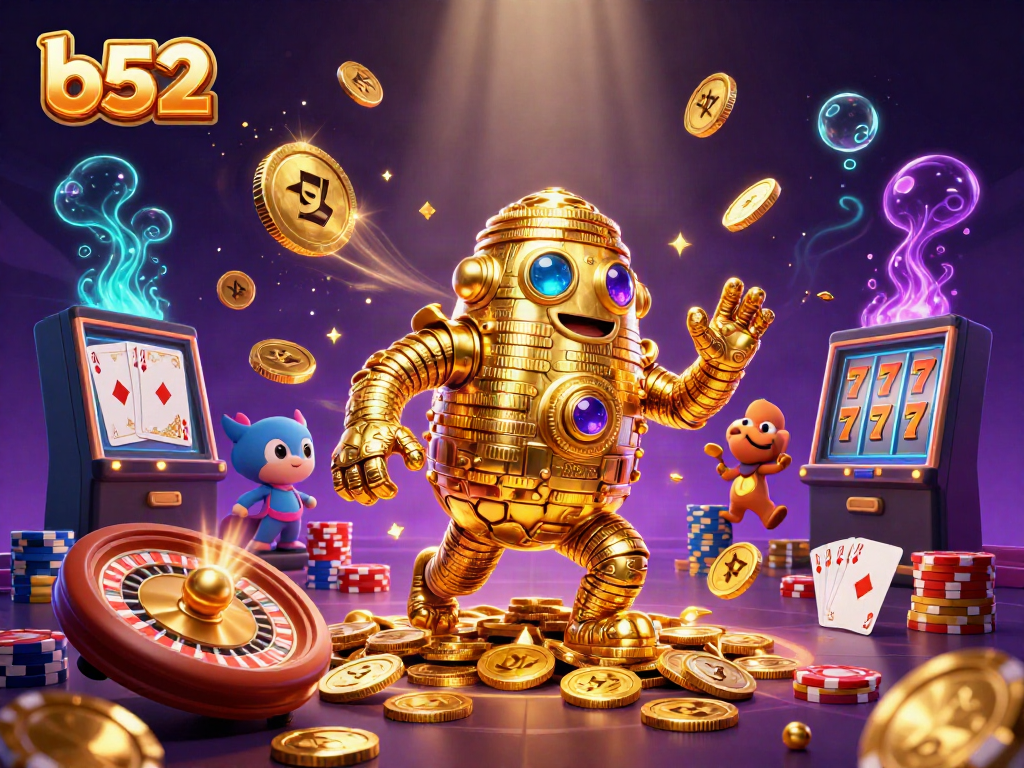 Experience the excitement of b52 with a golden golem amidst casino gems and coins.