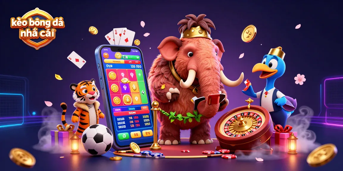 Engage with kèo bóng đá nhà cái featuring a 3D mammoth checking IDs at the casino door, surrounded by gaming elements.