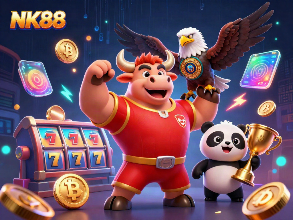 Join the excitement of NK88 with a victory scene showcasing vibrant casino elements and characters.