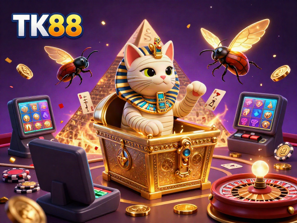 Experience vibrant gaming excitement with TK88 in a dynamic 3D casino scene bursting with activity.
