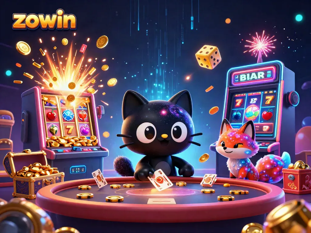 Engaging casino scene with the zowin character attracting golden chips and cards while a nebula fox companion watches.