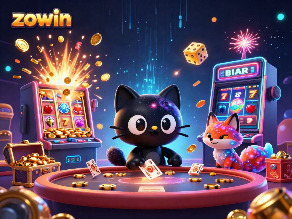 Engaging casino scene with the zowin character attracting golden chips and cards while a nebula fox companion watches.
