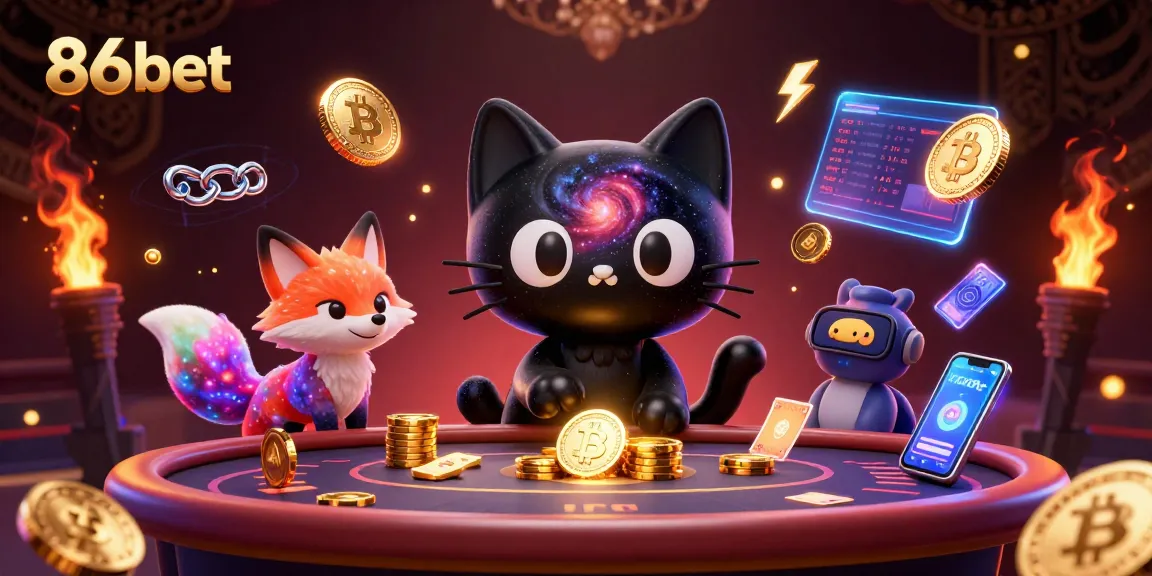 86bet vibrant casino scene showcasing a black hole cat and colorful gas fox, winning with crypto elements.