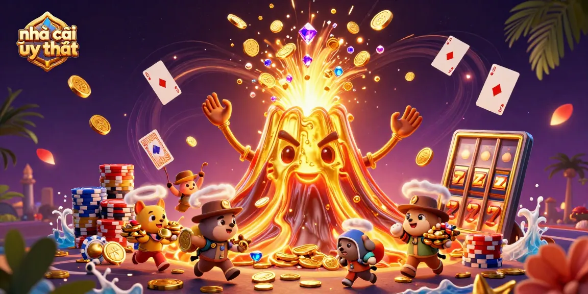 Engage with nhà cái uy tín as golden treasures erupt from a volcano in a vibrant casino scene.