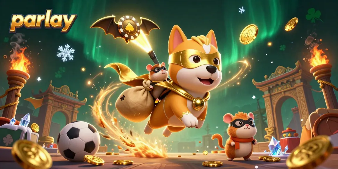 Engage in thrilling parlay sports betting with our cartoon superhero dog character, surrounded by dynamic gaming elements.