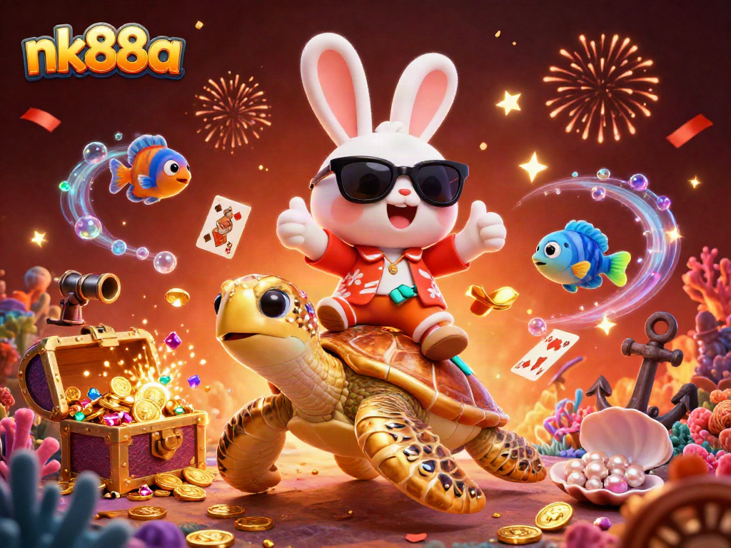 Win big at nk88a with this colorful illustration of a lucky rabbit and sea turtle in an exciting underwater scene.