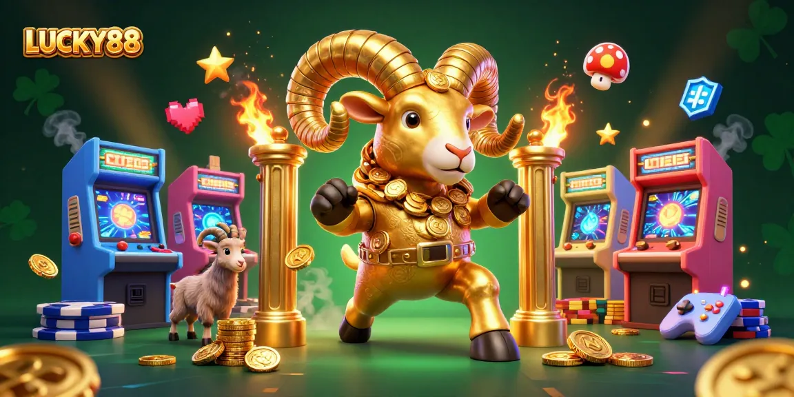 Play the exciting LUCKY88 slot with golden ram and vibrant arcade elements.