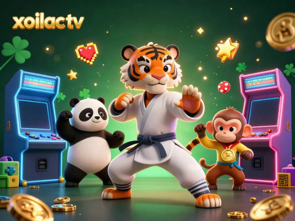 Xoilac TV offers live football streaming, featuring vibrant game elements and dynamic characters.