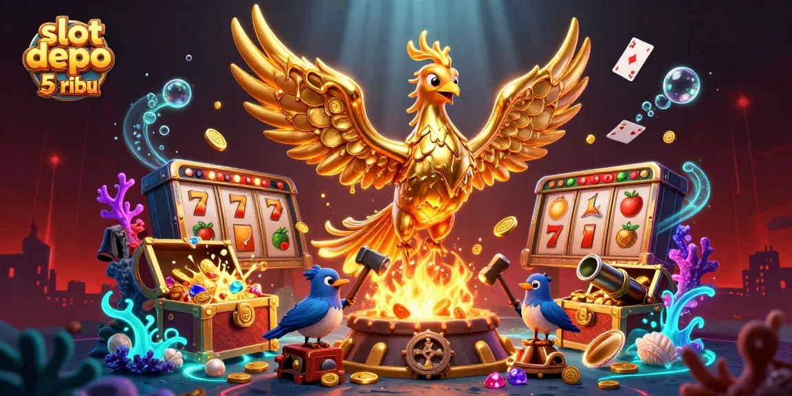 Engage with slot depo 5 ribu and win big in this vibrant illustration featuring gold phoenix and casino elements.