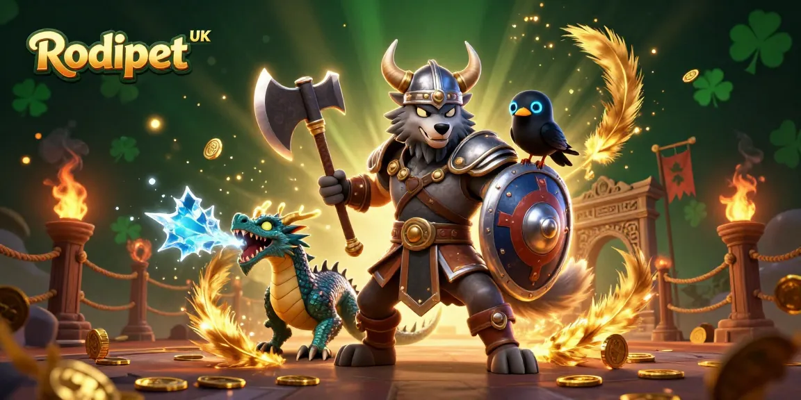 Engage with top gaming action at Rodipet UK featuring a valiant Viking wolf, ice-breathing dragon, and a mystical raven.